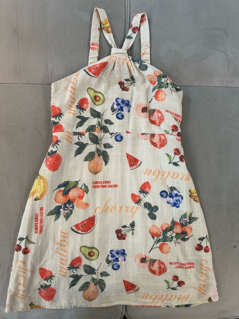 Girls Fruit-Print Cotton Linen Sundress - Cream with Multicolor Fruit
